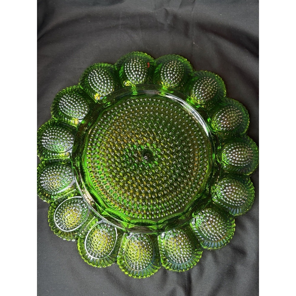 Vintage Indiana Glass Deviled Egg Plate Carnival Hobnail Lime Green 11" 1960s - Picture 10 of 16